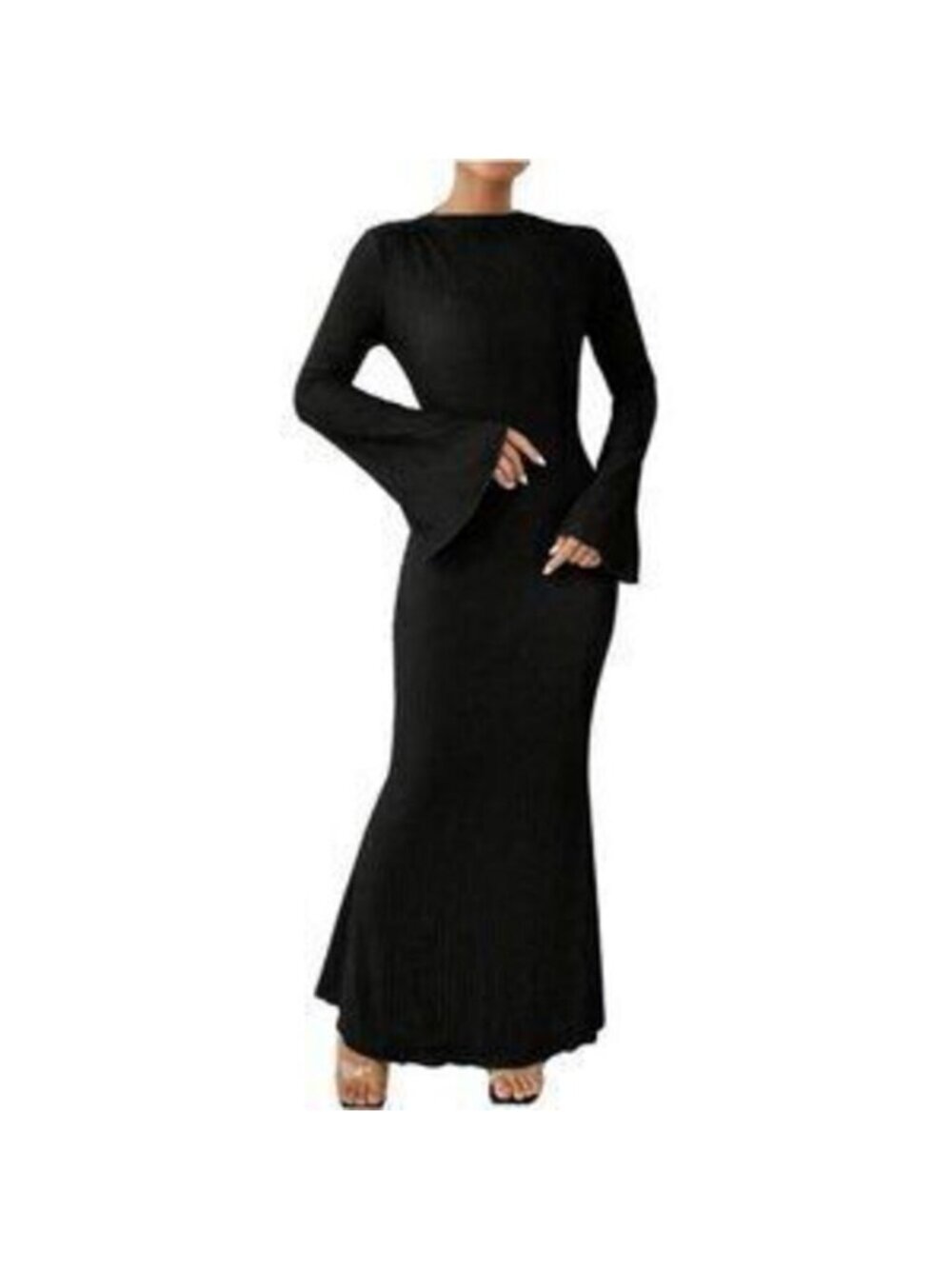 Women's Bell Long Sleeve Maxi Dress Crew Neck Bodycon Fishtail Long Dress - Picture 1 of 5